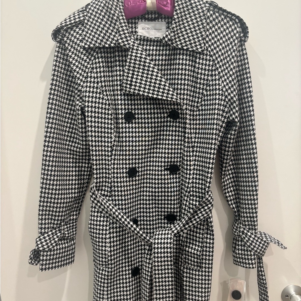 BCBGeneration Black and White Houndstooth Trench Coat